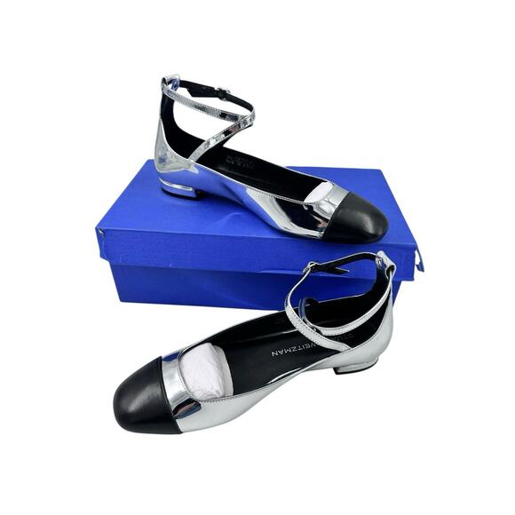 STUART WEITZMAN Silver & Black Cap Toe Leather Eden Cross-Strap Ballet Flats 7.5 - Picture 4 of 16